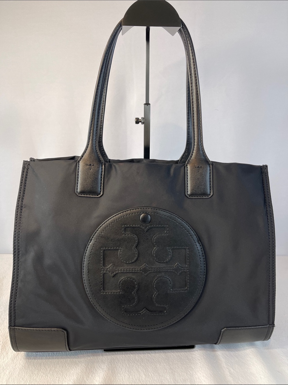 Tory Burch Ella Tote Black Nylon Leather Trim Medium Tote